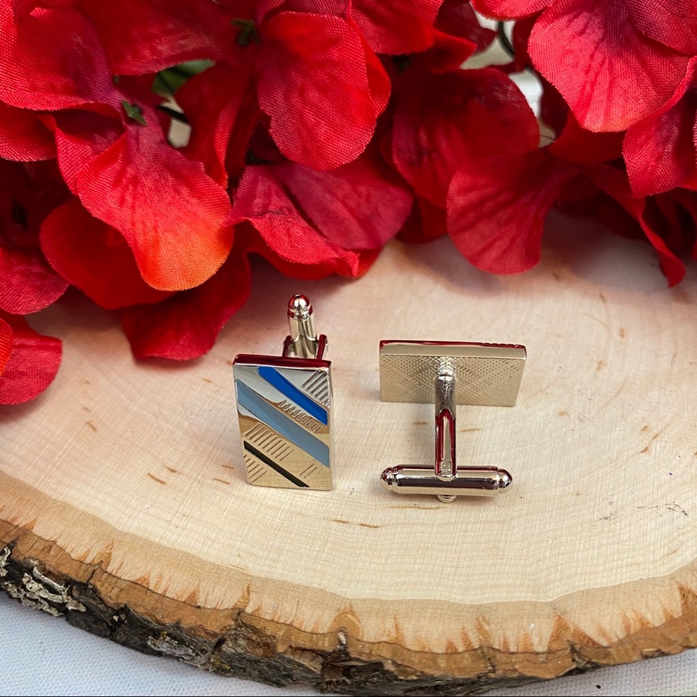Classic Blue, Silver and Black Stripe Cufflinks - Picture 5 of 8